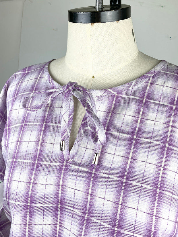 Vintage Embroidery Pouf Sleeve Blouse, Lavender Plaid