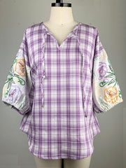 Vintage Embroidery Pouf Sleeve Blouse, Lavender Plaid